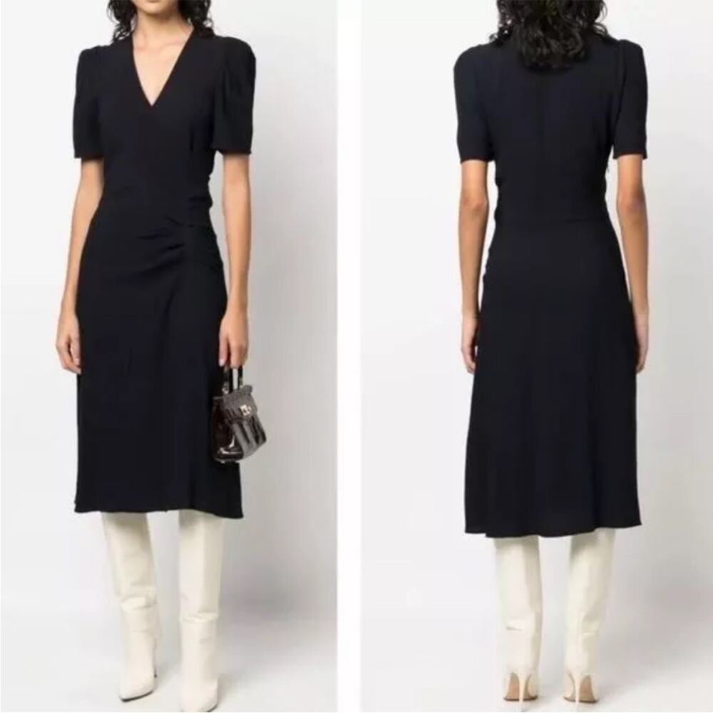 BA&SH Oya Wool Blend Dark Blue V Neck Short Sleeve Faux Wrap Office Midi Dress M